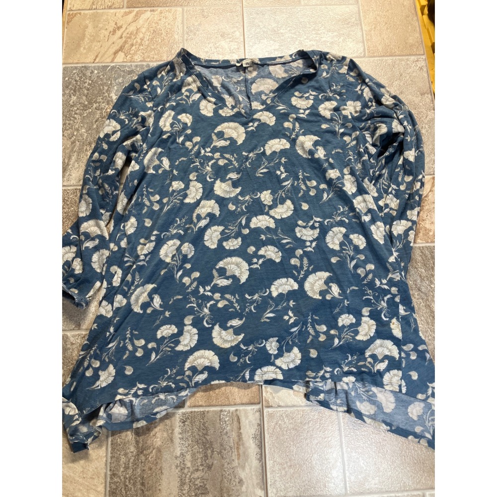 Simply Noelle Blue Floral Print Tunic Top Plus Size XXL 16 18 V Neck Long Sleeve